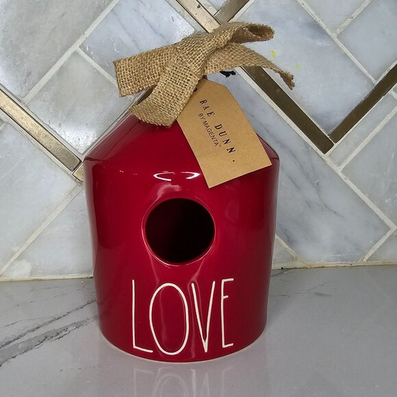 Rae Dunn NWT Red Ceramic Birdhouse With Burlap Ribbon Love Artisan - Picture 7 of 8